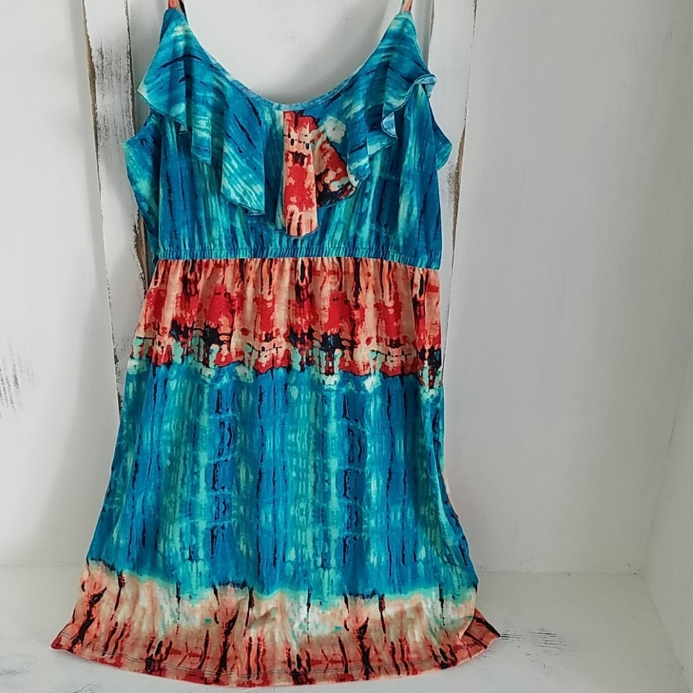Teal and coral tie-dye dress